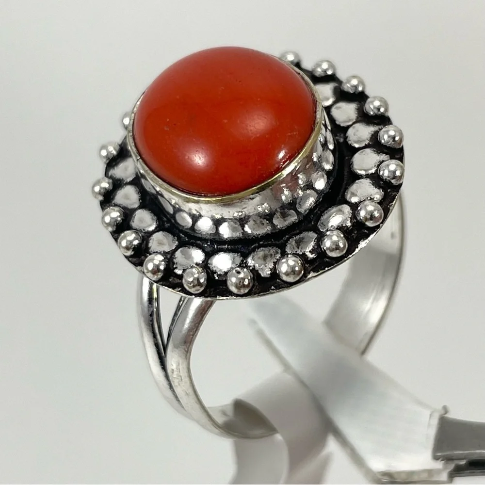 Beautiful Boho Artisan Red Jasper Silver Patina Statement Ring Sz 10